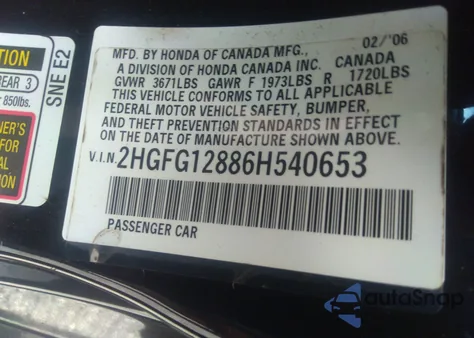 2006 Honda Civic Ex from USA, damaged, VIN 2HGFG12886H540653